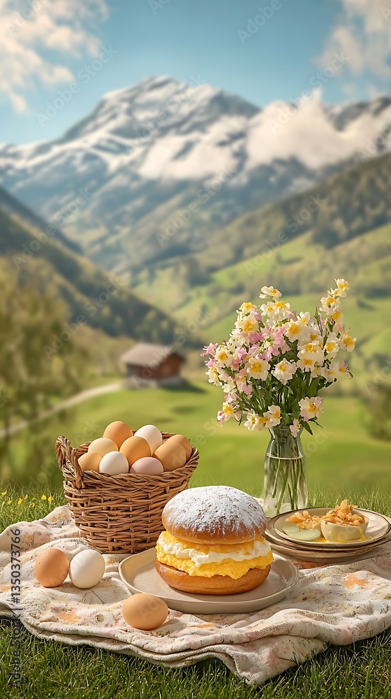 Fototapeta premium Easter picnic with Alps mountain view.