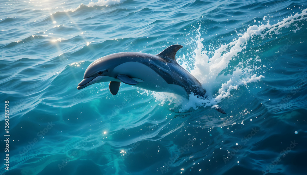 Fototapeta premium Playful Dolphin Leaping in Sparkling Ocean Waves at Sunset Golden Hour Wildlife Marine Life