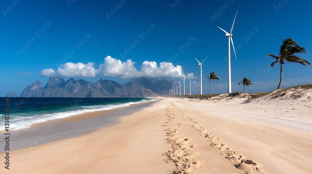 Wind Turbines on Sandy Beach Near Mountains Under Blue Sky Wind Turbines on Sandy Beach Near Mountains Under Blue Sky