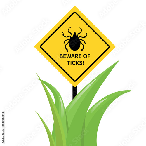 A caution sign warning about mites. Yellow sign with tick silhouette and warning phrase. Danger alert sign vector illustration