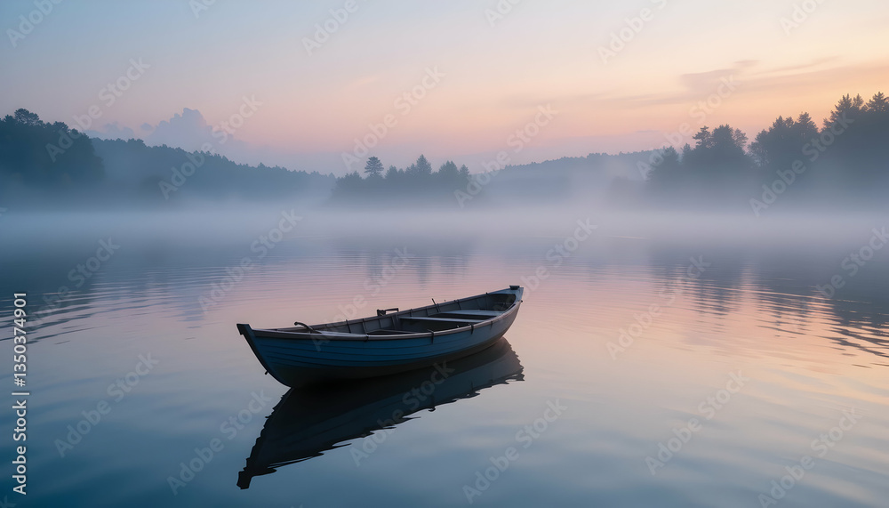 Obraz premium Serene morning mist on a calm lake with a lonely boat perfect for travel and leisure activities
