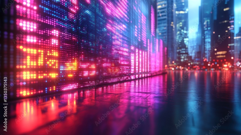 Fototapeta premium Neon Cityscape: Futuristic Nightscape with Vibrant LED Wall Display