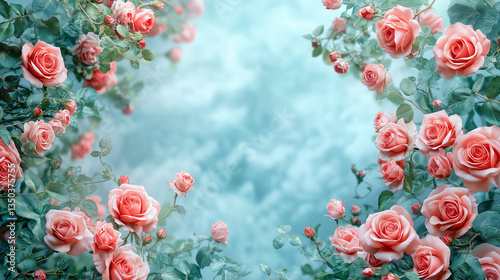 A romantic floral frame of pink and red roses with green ivy on a soft pastel blue background. The ultra-detailed design creates a dreamy atmosphere, perfect for adding a touch of elegance to any proj