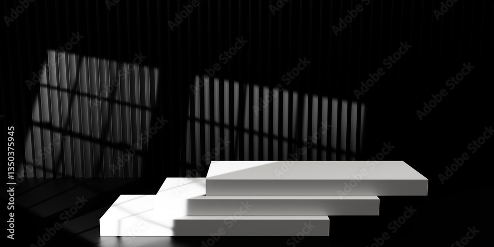 Abstract White Product Display Steps on Black Striped Background with Window Shadow