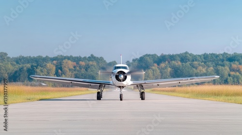 Small white airplane on runway, ready for takeoff.  Gentle breeze