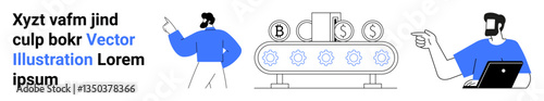 Two individuals interacting with blockchain conveyor system displaying coins labeled B, C, S. Ideal for cryptocurrency, finance, blockchain, fintech, teamwork, innovation flat landing page banner