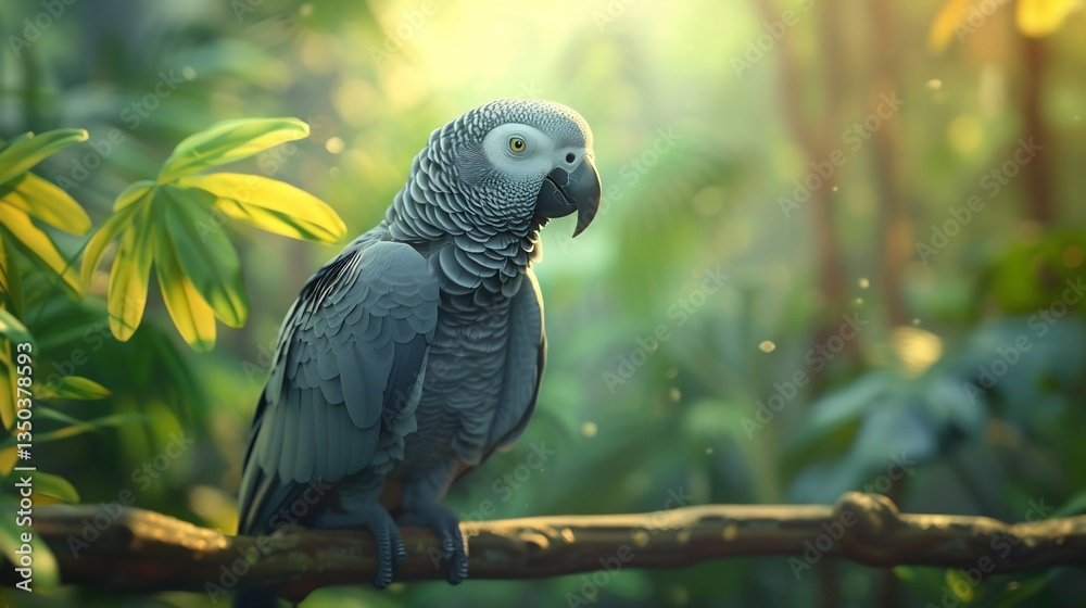 Fototapeta premium African grey parrot perched a tree branch highly detailed textured feathers intelligent expression jungle backdrop soft natural lighting lifelike realism