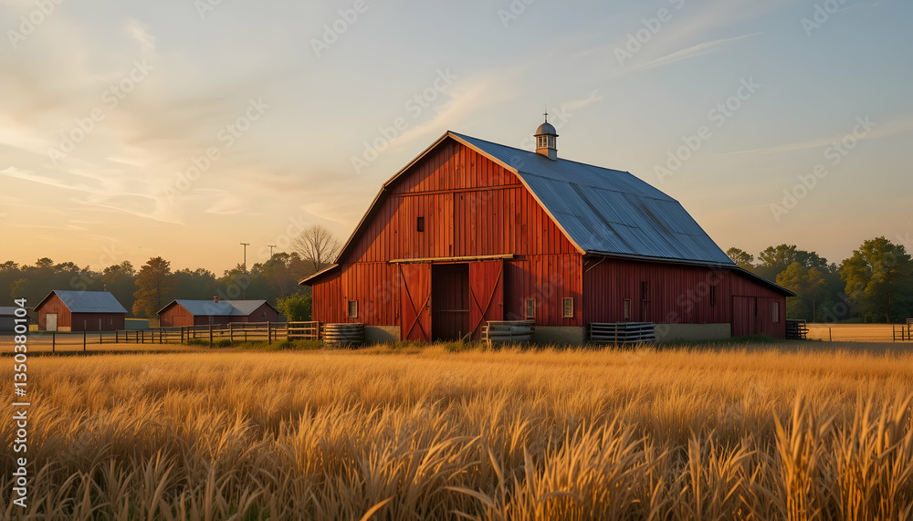 Obraz premium Rustic Red Barn at Sunrise in Golden Field Evokes Nostalgia and Farming Heritage 110 chars