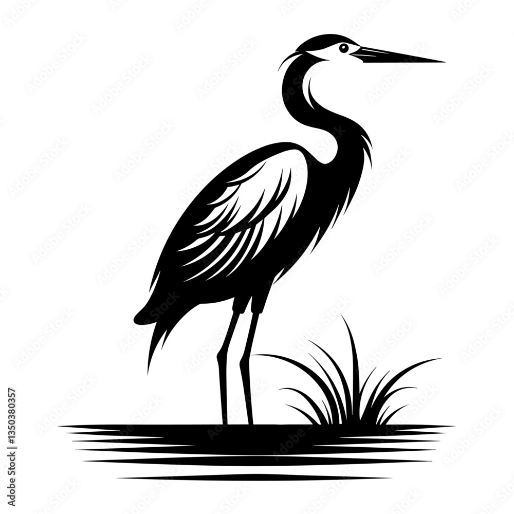 Obraz premium A sleek and elegant silhouette of a heron's head, showcasing its long, curved beak and graceful neck. Ideal for wildlife illustrations, nature-inspired designs, birdwatching logos