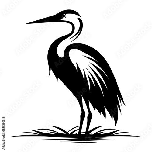 A sleek and elegant silhouette of a heron's head, showcasing its long, curved beak and graceful neck. Ideal for wildlife illustrations, nature-inspired designs, birdwatching logos