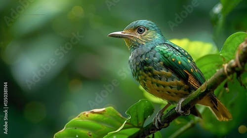 Asian emerald cuckoo perched a twisting vine metallic green and gold plumage shimmering in soft rainforest light intricate crisp feather details