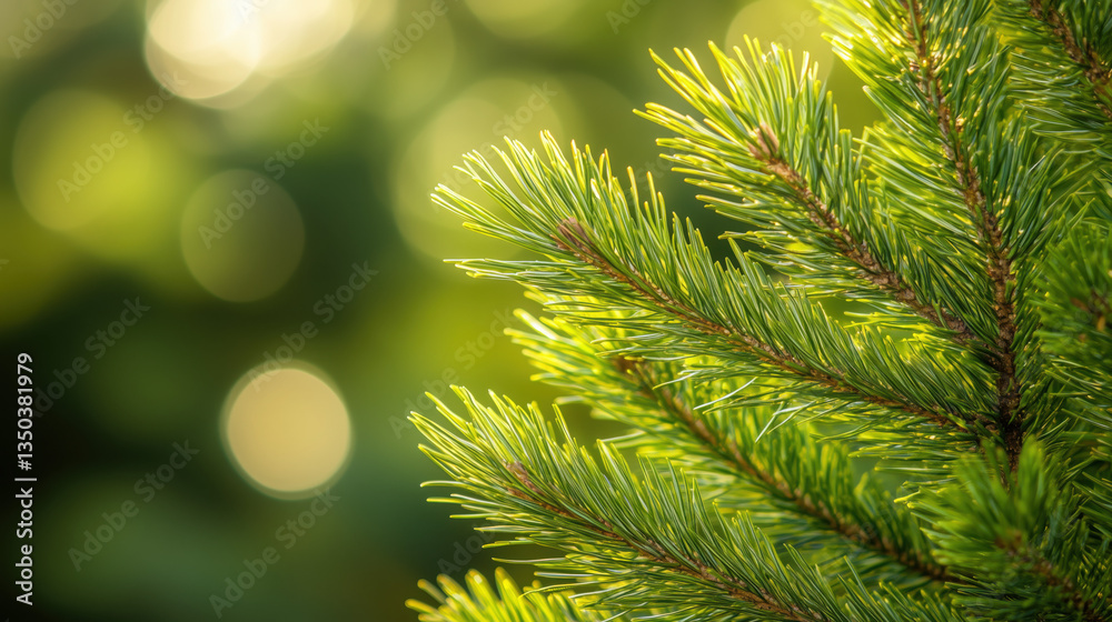 Pine Leaves on a Small Pine Tree Branch in a Forest, Sunlight Illuminating Green Plants with a Blurred Background and Shallow Depth of Field on a Sunny Day Pine Leaves on a Small Pine Tree Branch in a Forest, Sunlight Illuminating Green Plants with a Blurred Background and Shallow Depth of Field on a Sunny Day