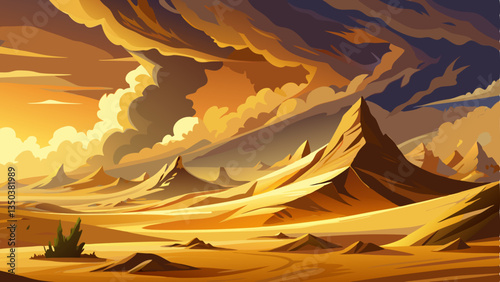 vector of dramatic desert vista where a fierce sandstorm rolls in, covering the dunes in a thick, golden haze
