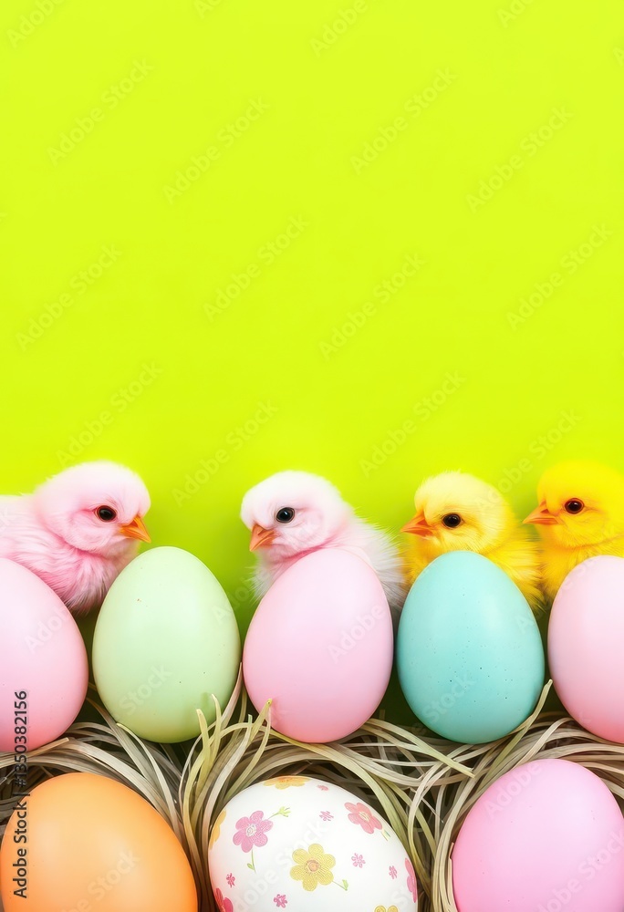 Adorable pastel Easter chicks and eggs arranged neatly in a row against a vibrant green background, springtime, background Adorable pastel Easter chicks and eggs arranged neatly in a row against a vibrant green background, springtime, background