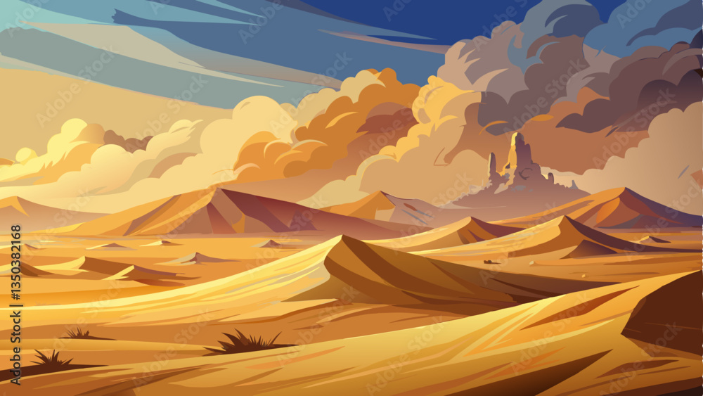 vast desert landscape where a powerful sandstorm sweeps across the golden dunes under a hazy sky