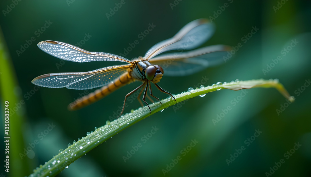 Dragonfly on Green Leaf with Dewdrops Macro Insect Nature Photography Wildlife Summer Beauty Colorful Wings Dragonfly on Green Leaf with Dewdrops Macro Insect Nature Photography Wildlife Summer Beauty Colorful Wings