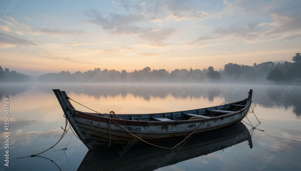 Serene sunrise over misty lake with anchored wooden boat peaceful morning reflection tranquility nature landscape Serene sunrise over misty lake with anchored wooden boat peaceful morning reflection tranquility nature landscape