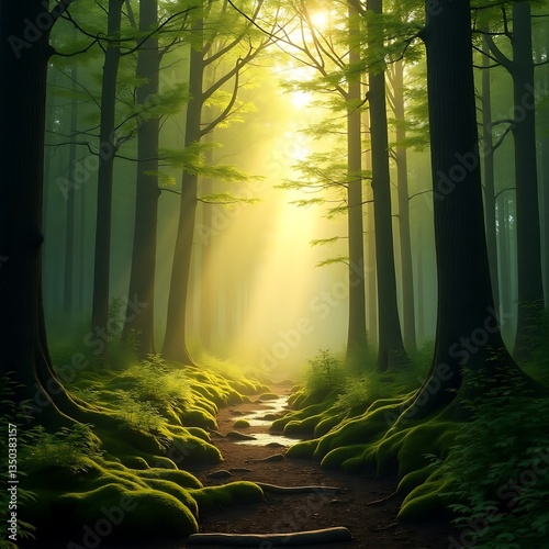 A Green Forest Illuminated by Sunlight photo