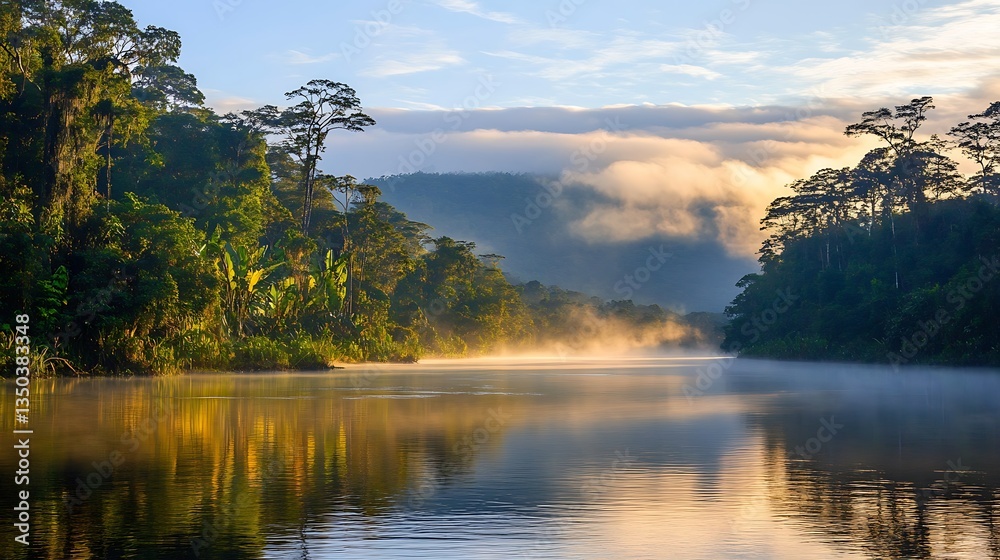 Fototapeta premium Misty river flowing through lush rainforest at dawn