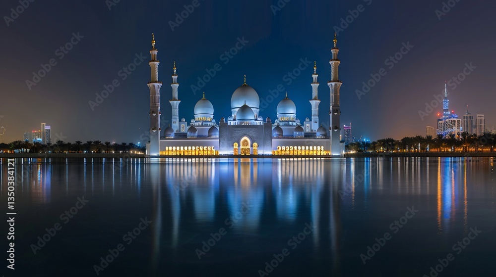 Obraz premium Night Mosque Reflection, Cityscape, Water, Illumination, Peaceful