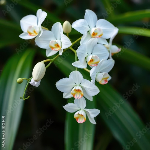 Delicate branch of white orchid blossoms, lush green leaves, summer, orchids, white flowers