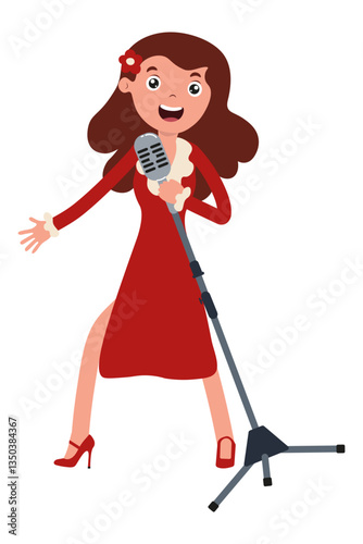 Singer performing on stage in a red dress with a vintage microphone at an event