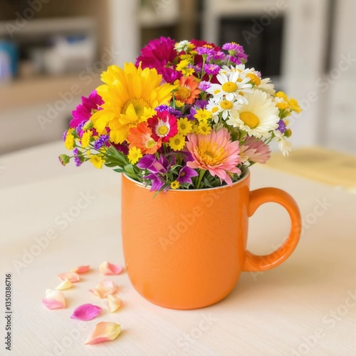 Wallpaper Mural A colorful flower arrangement in an orange mug sits on a table Torontodigital.ca