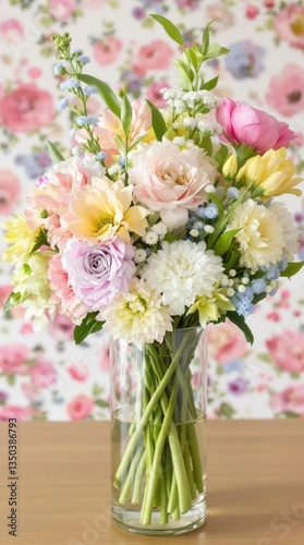 A vase of flowers with a pink and blue background