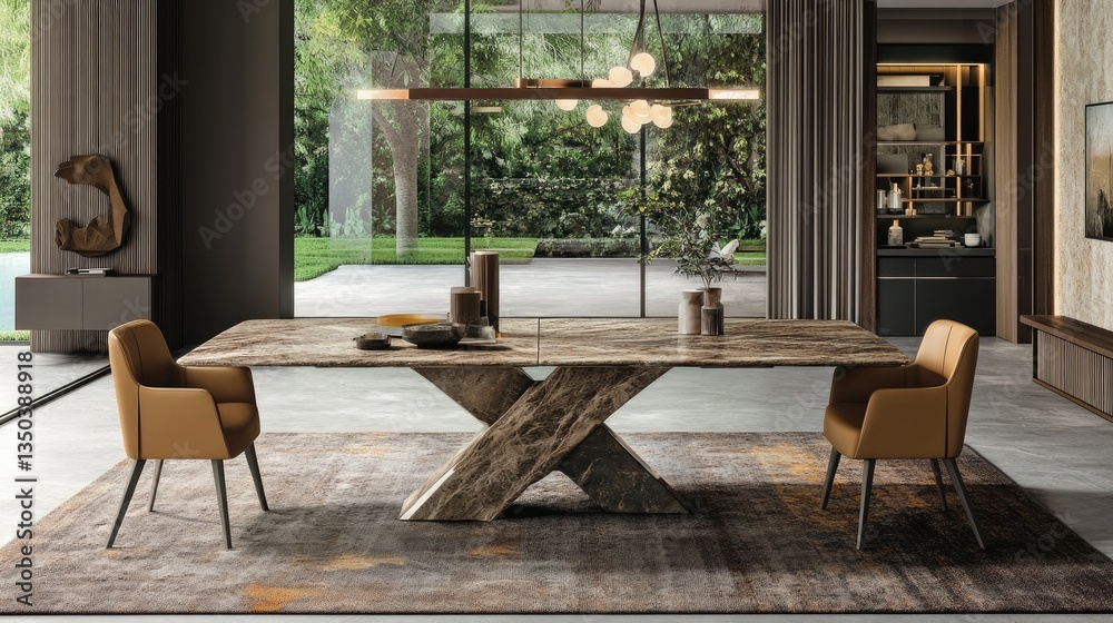 Fototapeta premium A sturdy dining table with steel legs and a high-quality natural stone top, perfect for modern interiors