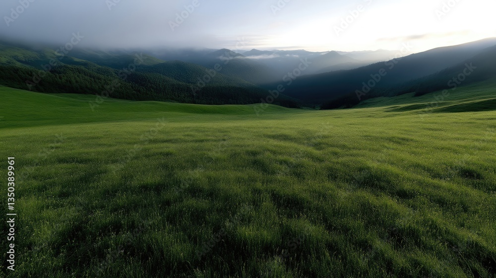 Lush, rolling hills meet misty mountain range. A tranquil, expansive vista of verdant grasslands under a soft, diffused light Lush, rolling hills meet misty mountain range. A tranquil, expansive vista of verdant grasslands under a soft, diffused light