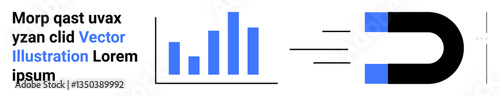 Bar graph growing in height and magnetic field pulling rightward, illustrating data insight, business growth, marketing strategy, audience engagement, resources attraction, prediction, simple landing