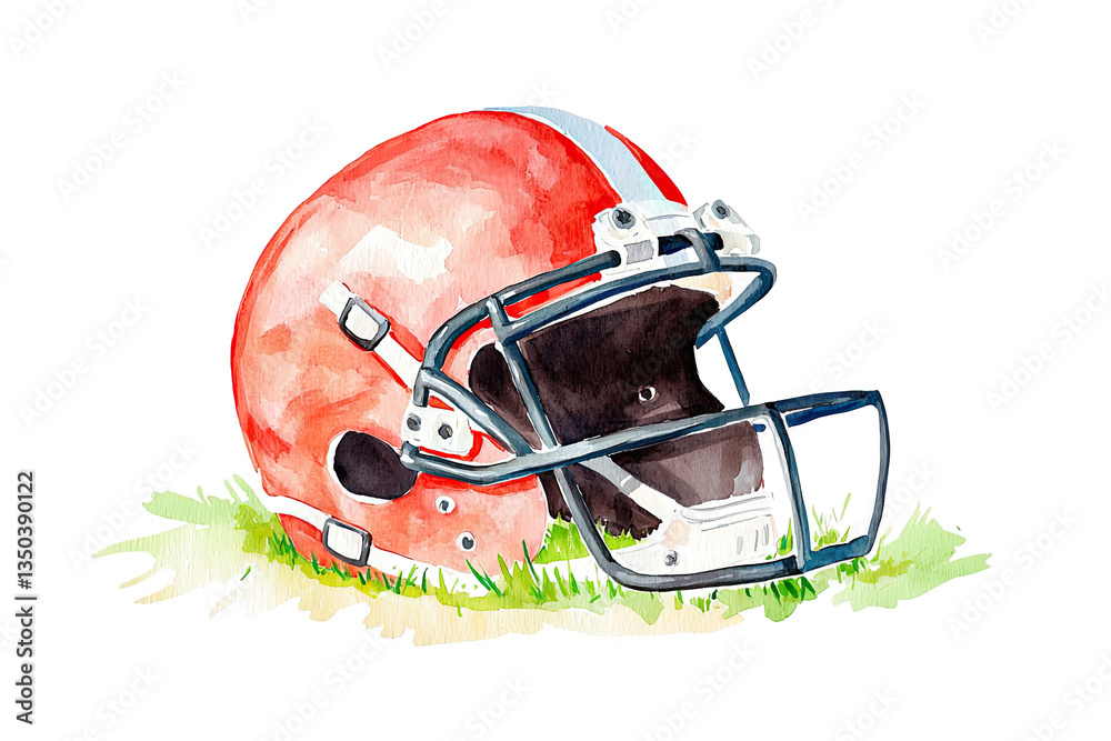 Fototapeta premium A vibrant illustration of a football helmet resting on grass, showcasing a glossy orange exterior with white stripes.
