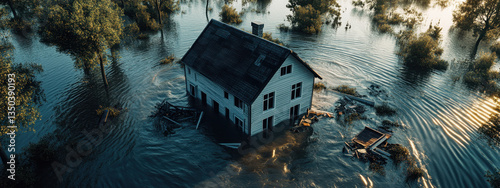 The house is flooded by a powerful flood, the water destroys the structure. Natural disaster, calamity, destruction, extreme situation. Consequences of a major flood, climate change, crisis.