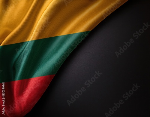 Lithuanian flag wave on black background - yellow green red symbolism