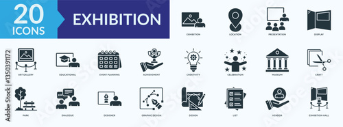 Exhibition icon collection set with art gallery, graphic design, event planning, exhibition hall, museum	
