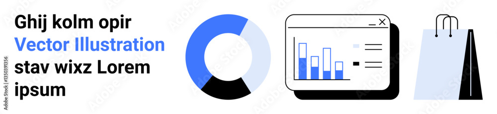 Text elements, a pie chart, a graph in a browser window, and shopping bags represent data analysis, e-commerce, and insights. Ideal for business, retail, marketing statistics analytics reports