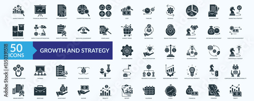 Growth and strategy icon collection set with market analysis, financial projection, risk assessment, supply chain optimization,quality control	
