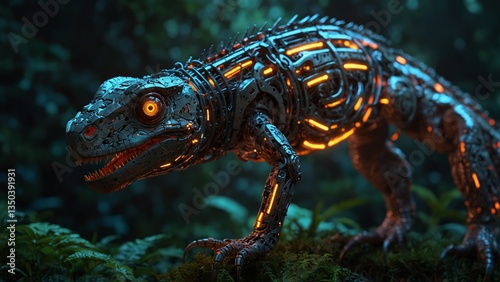 A biomechanical lizard with glowing circuits, blending into a sci-fi jungle. photo