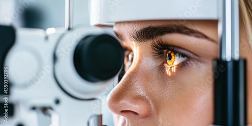A woman undergoing an eye examination by an ophthalmologist using a slit lamp. Medical equipment, eye diagnostics, eye examination and ophthalmologic examination at the clinic.