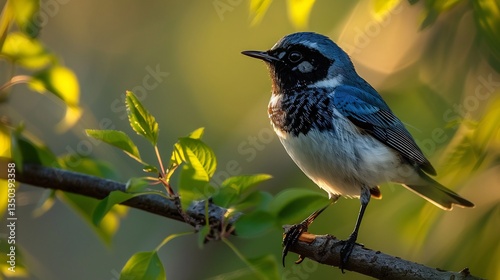 Black throated blue warbler perched a sunlit branch stunning deep blue and black plumage glowing under natural light crisp professional wildlife photography
