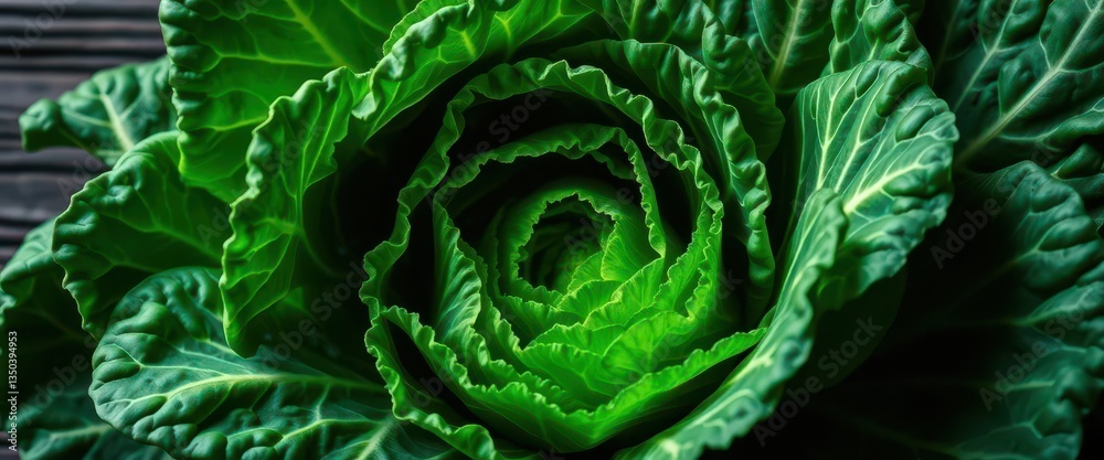 Obraz premium Intricate savoy cabbage leaves, vibrant green and tightly curled, dramatically lit against dark wood, nature, close up