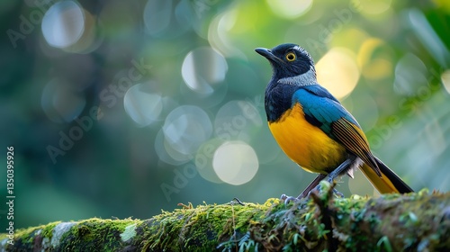 Black throated trogon perched a moss covered tree deep green and yellow plumage blurred rainforest background high definition sharpness