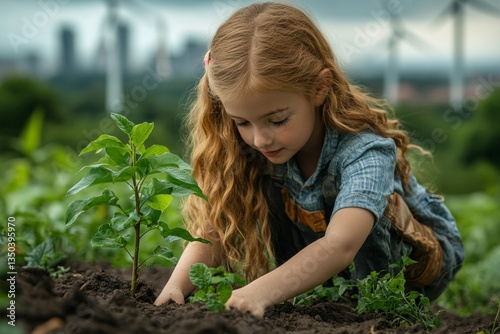 Child planting tree in green field promoting sustainability and clean energy for a circular economy