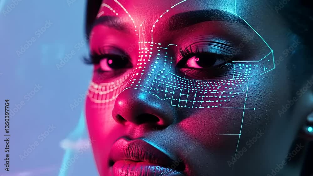 Close-up of a woman's face with digital facial mapping in vibrant colors, showcasing technology and beauty