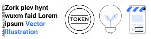 Circular token, minimal lightbulb with leaf, and device displaying storefront interface with blue awning. Ideal for cryptocurrency, sustainability, technology, e-commerce, innovation, startups