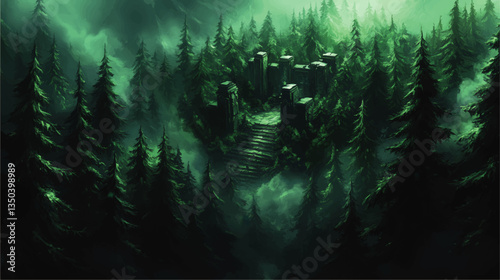Mysterious Ancient Ruins Amidst Enchanted Misty Forest with Evergreen Pine Trees and Stone Steps in Dreamy Atmospheric Vector Artwork for Nature and Fantasy Enthusiasts