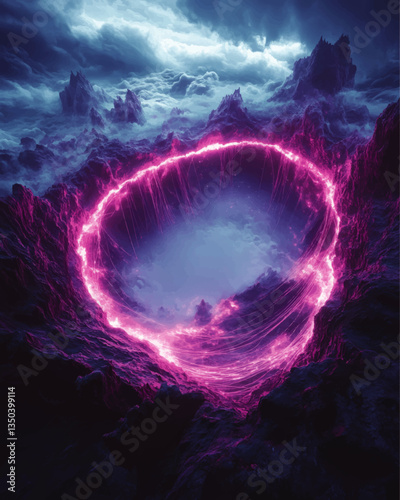 Majestic Sci-Fi Landscape Vector Art Featuring Mysterious Pink Energy Vortex in Rugged Mountain Range Under Dramatic Cloudy Sky for Fantasy Wall Art and Design