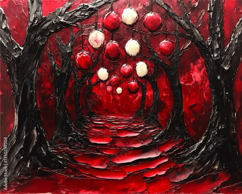 Enchanted Forest with Red and White Lanterns Vector Art - Mesmerizing Pathway Through Dark Trees with Hanging Orbs - Vibrant Red and Black Textured Impression