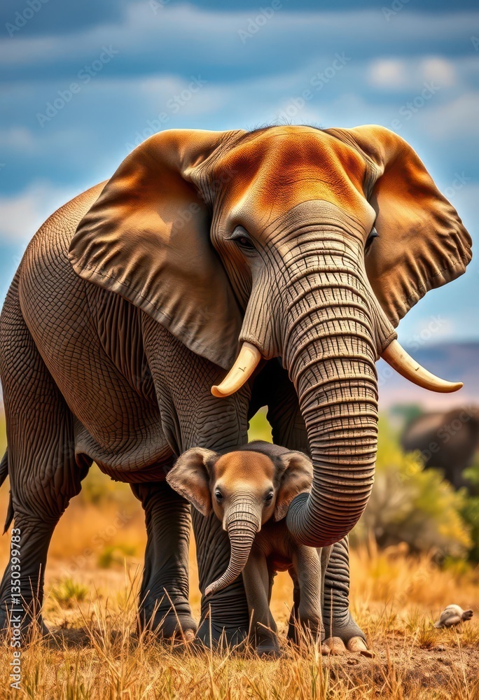 Fototapeta premium A protective elephant mother and her calf in the African savanna, fauna, africa wildlife