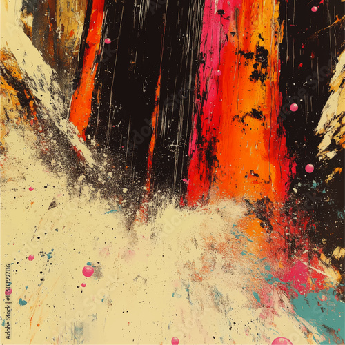 Dynamic Abstract Vector Art with Bold Orange and Pink Brush Strokes on Black Canvas, Featuring Vibrant Paint Splatters and Drips - Perfect for Modern Interiors